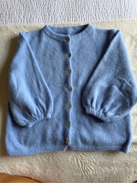 Sweaters - Light Blue Puff-Sleeve Button Cardigan Sweater
